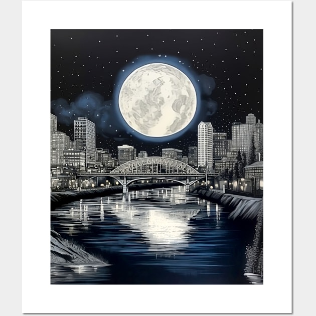 Full Sturgeon Moon Over the City of Roses (Portland Oregon) Wall Art by Puff Sumo